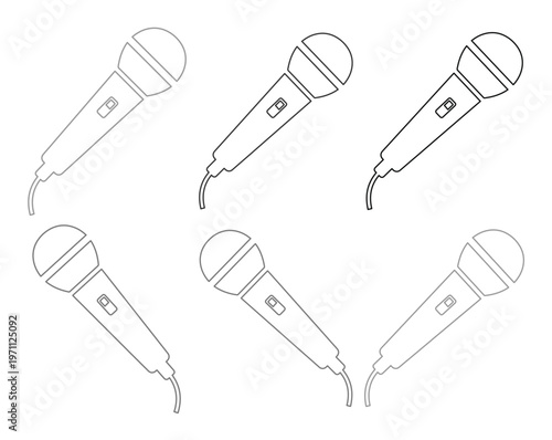 マイクのシンプルな線画アイコンセット、歌唱やスピーチ、プレゼンテーションに最適な6種類のベクターイラスト素材、白背景に映えるミニマルなデザイン