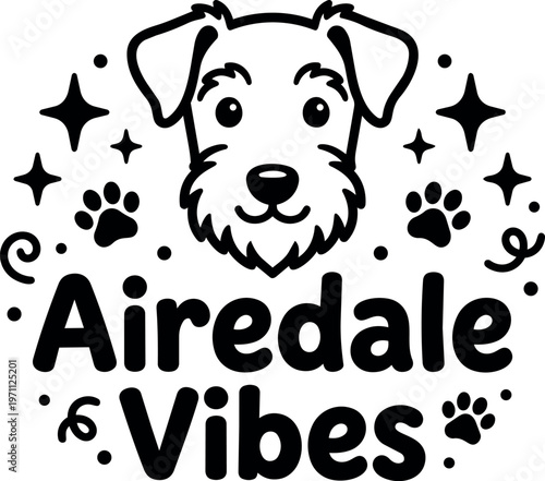 Black and white airedale vibes dog face paw prints vector art
