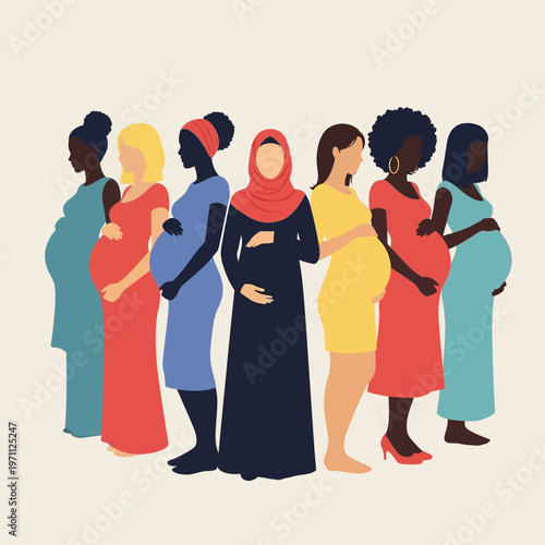 Diverse pregnant women standing together.