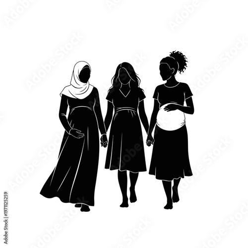 Diverse women holding hands together.