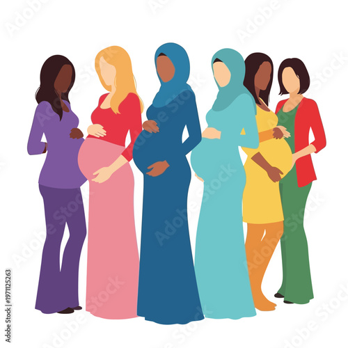 Diverse pregnant women standing together.