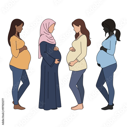 Four pregnant women standing in line.
