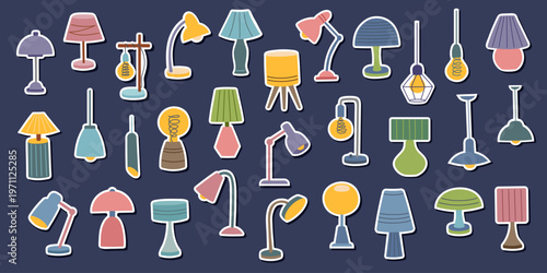 Collection of different table lamps stickers isolated on dark background. Vector flat electrical appliance cliparts. Concepts of home, office, interiors, light.