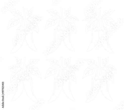 手描き風の唐辛子イラストレーション、6つの白いチリペッパーと葉のベクターセット、辛い料理やメキシカンフードのメニューデザインに最適なスパイス素材