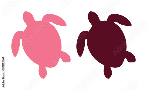 愛らしいピンクとバーガンディのウミガメのシルエット、シンプルでモダンな海洋生物のベクターイラスト、水生動物のロゴやアイコンデザインに最適