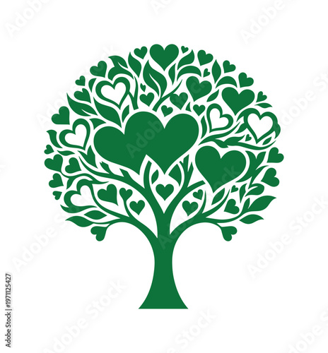 愛と生命の象徴、緑豊かなハートの木ベクターイラスト。成長、自然、環境保護を表現するシンボルデザイン。バレンタイン、結婚式、エコ関連プロジェクトに最適なグラフィック素材。