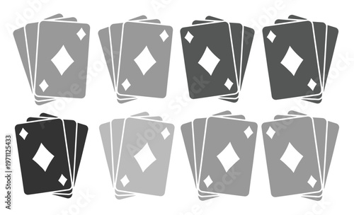 トランプカードのベクターイラストセット、ダイヤモンドのスーツが特徴的なカジノゲームやギャンブルのアイコンコレクション、シンプルなモノクロデザイン