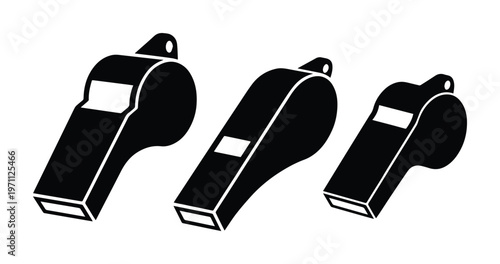 シンプルでモダンな黒いホイッスル3点セット、スポーツ、審判、コーチング、安全管理に最適なベクターイラスト素材