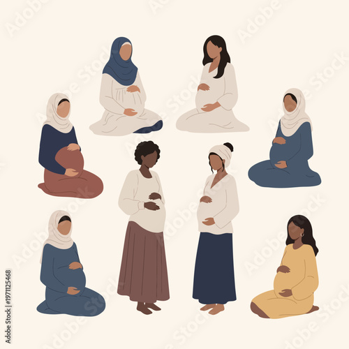 Pregnant women from different cultures sitting.