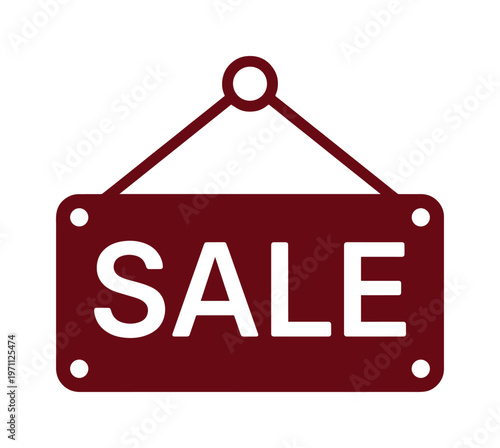 セール看板のシンプルなベクターイラスト、赤茶色の長方形プレートに白文字で「SALE」と書かれた吊り下げサイン、店舗やオンラインストアの割引プロモーションに最適なアイコン素材