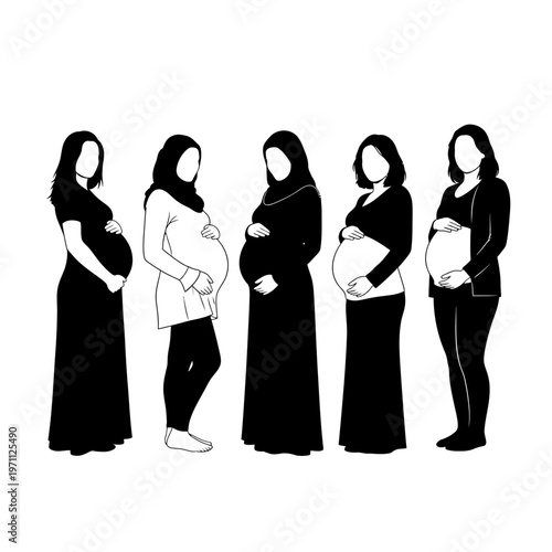 Pregnant women in different outfits standing.