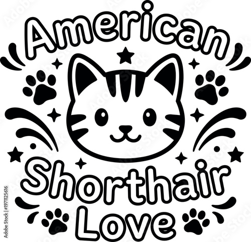 Black and white american shorthair love cat face with paw prints and stars vector art