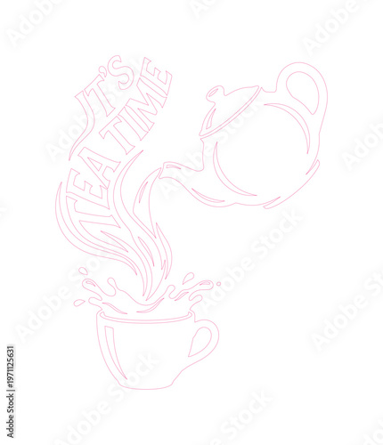 「IT'S TEA TIME」の文字が煙のように立ち上る、ティーポットからカップへお茶が注がれる瞬間を捉えたミニマルな線画イラスト。カフェやリラックスタイムを演出するベクター素材。