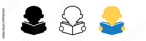 Child reading icon set. book, kid, reader, education, learning, school, study, storytime, preschool. line, flat and colored vector icon set.