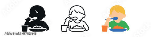 Child eating icon set. spoon, bowl, cup, mealtime, feeding, toddler, kid. line, flat and colored vector icon set.