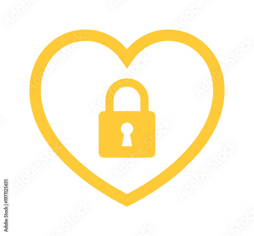 ハートと南京錠のアイコン、愛とセキュリティを象徴するシンプルな黄色いベクターイラスト、デジタルデザインやウェブサイトのプライバシー保護に最適なグラフィック素材