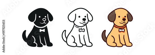 Puppy sitting icon set. dog, pet, puppy, collar, friendly, companion, pet care. line, flat and colored vector icon set.