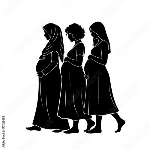 Pregnant Women in Traditional Clothing Walking.