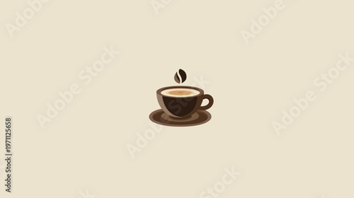 Minimalist Hot Coffee Cup Illustration with Steam and Coffee Bean on a Light Background. Simple Vector Graphic for Caffeine Concepts.