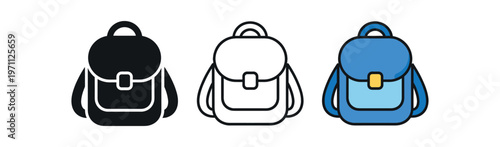 School backpack icon set. rucksack, bag, student, education, supplies, travel, kids. line, flat and colored vector icon set.
