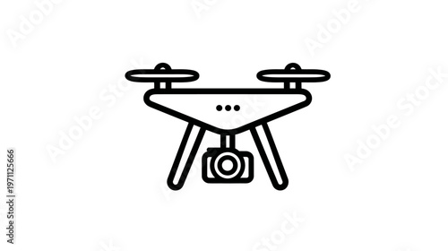 Sleek line icon of a modern quadcopter drone equipped with a camera, symbolizing aerial photography, video, and remote sensing technology.