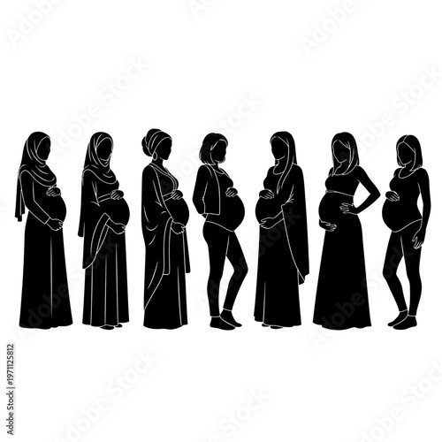 Pregnant Women in Various Poses Silhouette.