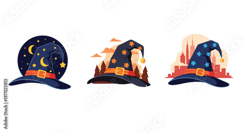 Collection of three dark blue wizard hats decorated with celestial stars and moons in various magical settings.