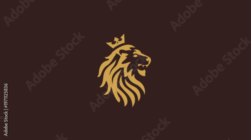 Golden stylized lion head with a crown, elegant symbol of strength, power, and royalty on a dark brown background