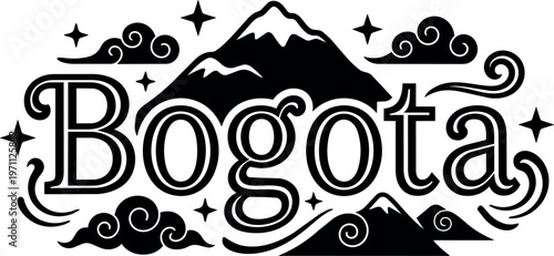 Bogota lettering with mountain and star decorations