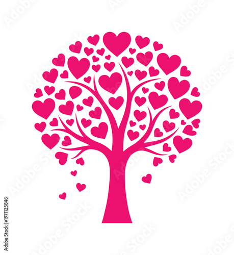 愛と生命の木、ピンクのハートが咲き誇るロマンチックなベクターイラスト。バレンタインデー、結婚式、記念日、母の日のデザインに最適な、感情豊かなシンボル。