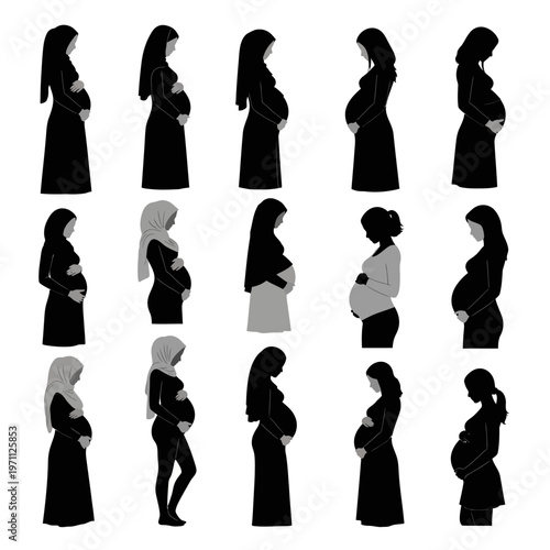 Pregnant Women in Various Poses Silhouettes.