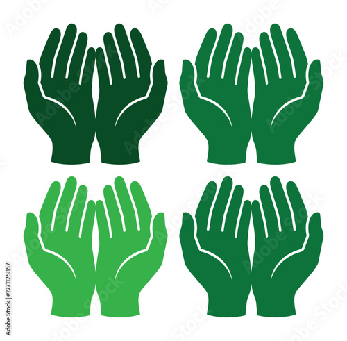 祈りの手、慈悲と施しを象徴する開いた手のひらのベクターイラストセット。希望、信仰、精神性を表現するシンプルな緑色のハンドジェスチャーアイコン。