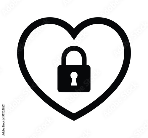 ハートと南京錠のシンプルなモノクロベクターアイコン、愛とセキュリティを象徴するミニマルなデザイン、ウェブサイトやアプリのプライバシー保護、感情表現に最適なグラフィック素材