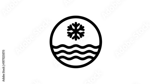 Minimalist cold water icon featuring a snowflake above wavy lines in a circular frame. Vector symbol for freezing and cooling.