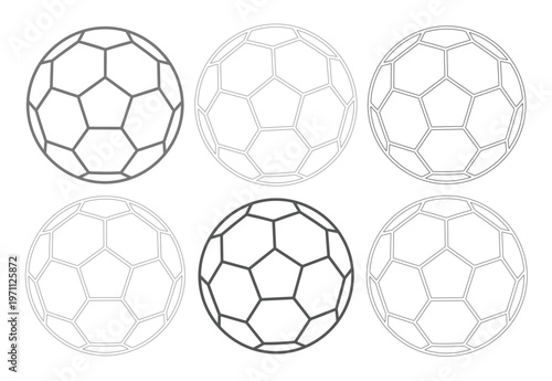 サッカーボールのシンプルなアウトラインベクターアイコンセット、スポーツイベントやウェブデザインに最適なモノクロフットボールイラスト素材