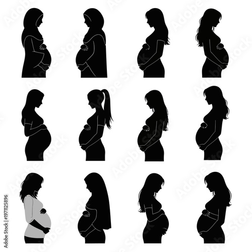 Pregnant Women in Various Poses Silhouettes.