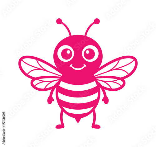 愛らしいピンクのミツバチのキャラクター、笑顔で羽ばたくキュートな昆虫イラストレーション。子供向けデザイン、ロゴ、ウェブ素材に最適なベクターグラフィック。