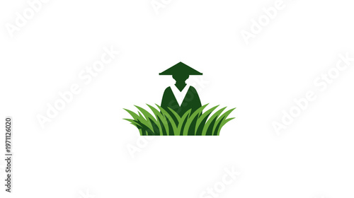 Green silhouette of a traditional farmer wearing a conical hat in lush grass, symbolizing agriculture, cultivation, and nature.