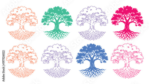 生命の樹、円形にデザインされたカラフルな8つのベクターイラストセット。自然、成長、生命力を象徴するシンボルコレクション。環境保護やスピリチュアルなテーマに最適。
