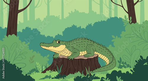 Large green crocodile rests on an old tree stump in the middle of a lush green forest surrounded by thick bushes.