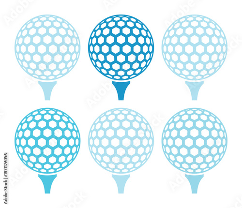 ゴルフボールとティーのシンプルなベクターアイコンセット。青と水色のグラデーションが美しい、スポーツやレジャー、健康的なライフスタイルを表現するデザイン素材。