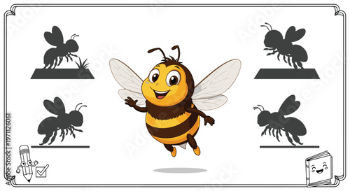 Fun educational shadow matching game for children featuring a cute cartoon bee and different silhouette options.