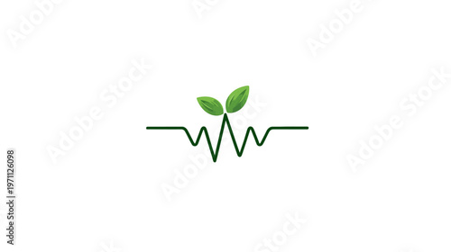 Green heartbeat ECG line with fresh leaves, symbolizing natural health, sustainable living, organic well-being, and eco-friendly vitality.