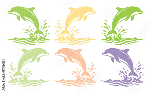 躍動感あふれるイルカのベクターイラストセット、水しぶきと波を伴うカラフルな6種類のジャンプするドルフィンシルエット、海洋生物や夏のデザインに最適なグラフィック素材