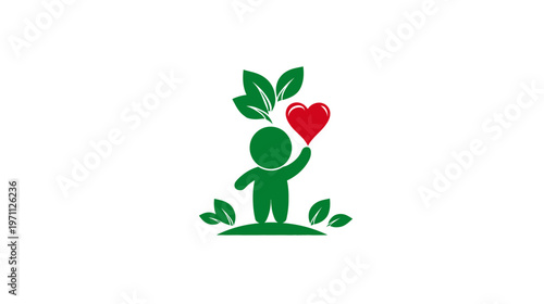 Green stylized person holding a red heart surrounded by lush leaves, symbolizing nature, health, love, growth, and environmental care.