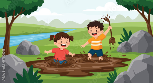 Two young children in colorful clothes have fun splashing and playing in a large mud puddle next to a blue river.