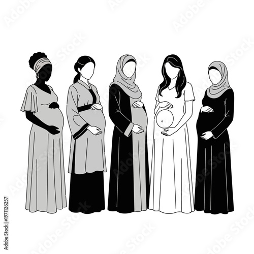 Diverse pregnant women in various attire.