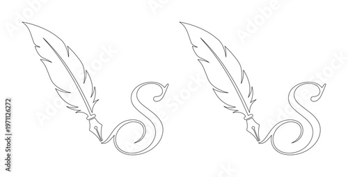 エレガントな羽ペンとインクの連続線画イラスト、クラシックな筆記具のミニマルなベクターアート、教育や文学テーマのグラフィックリソース、白背景に映えるシンプルなデザイン