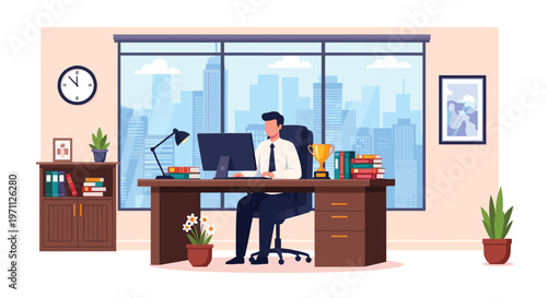 Professional man in a white shirt and tie works at a computer in a modern office with a panoramic city view window.