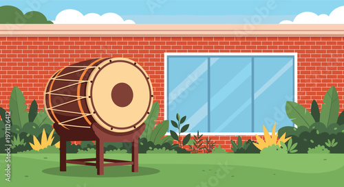 Traditional wooden bedug drum sits on a stand in a green garden in front of a red brick building with a window.